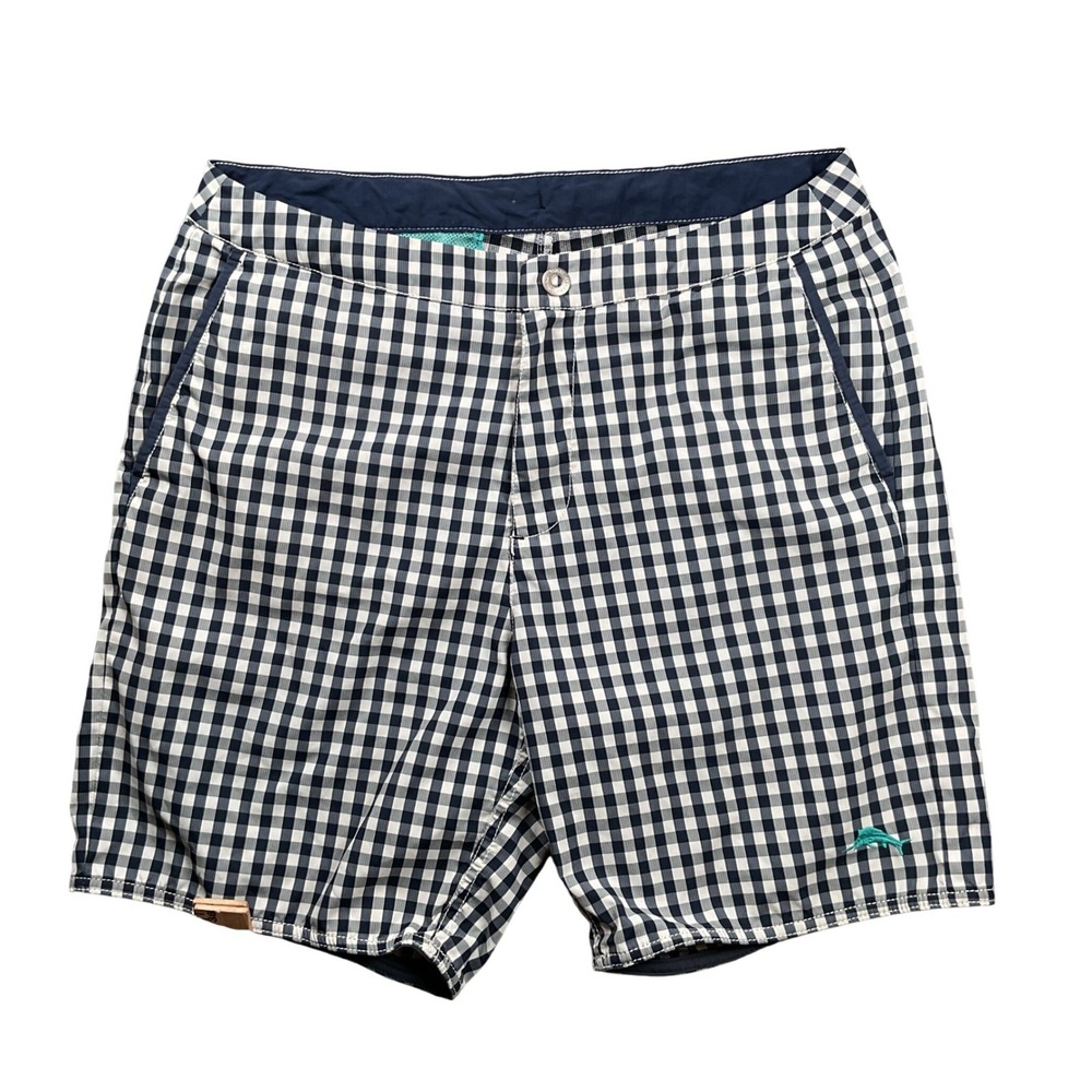Tommy Bahama Relax Swim Trunks Mens 32 Navy Blue Gingham Board Shorts - Picture 1 of 8